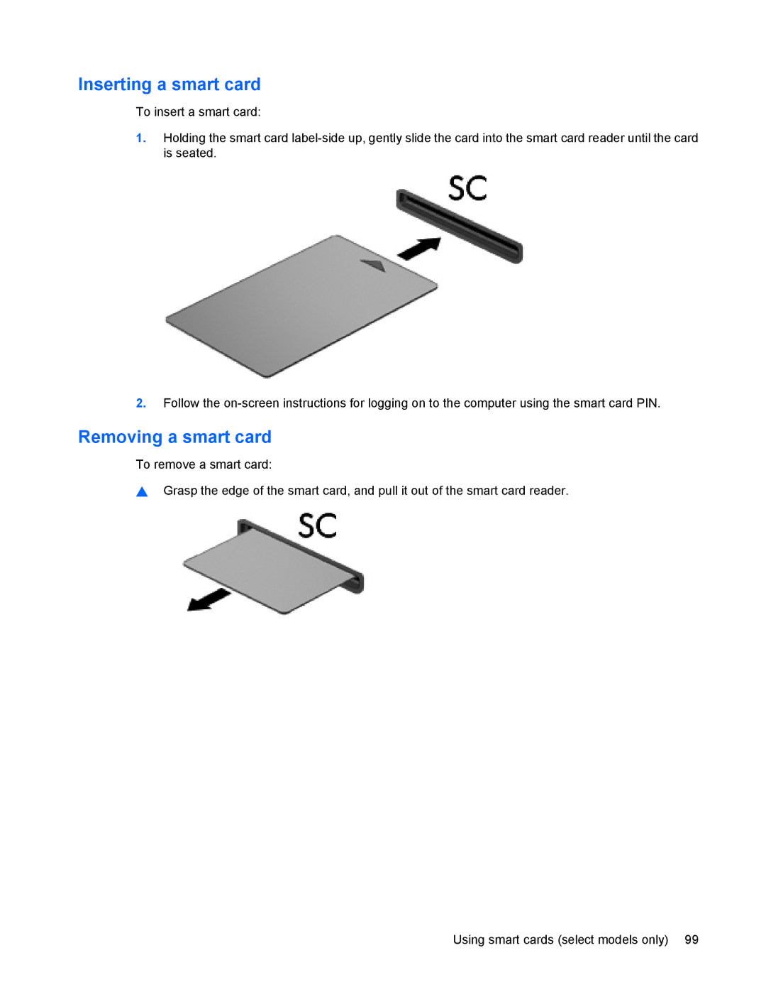 HP 8440P manual Inserting a smart card, Removing a smart card 