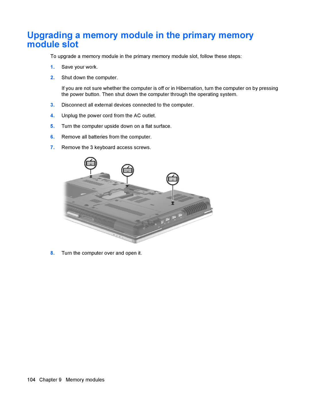 HP 8440P manual Upgrading a memory module in the primary memory module slot 