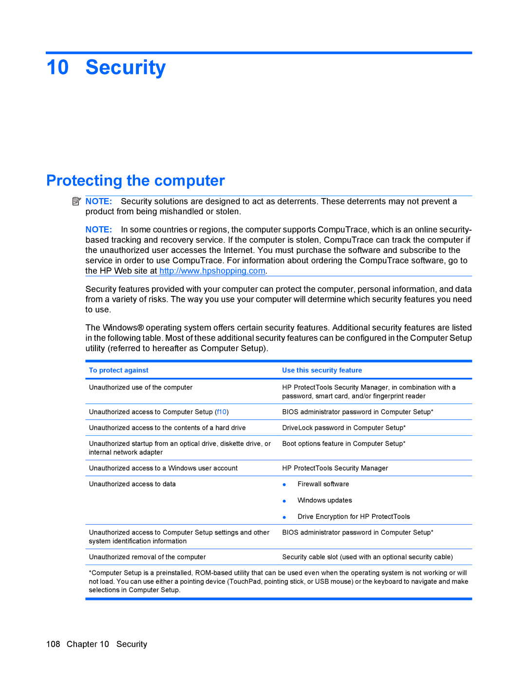 HP 8440P manual Security, Protecting the computer 