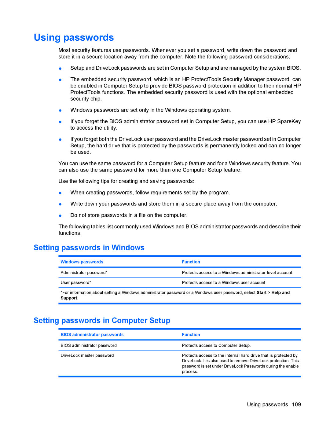 HP 8440P manual Using passwords, Setting passwords in Windows, Setting passwords in Computer Setup 