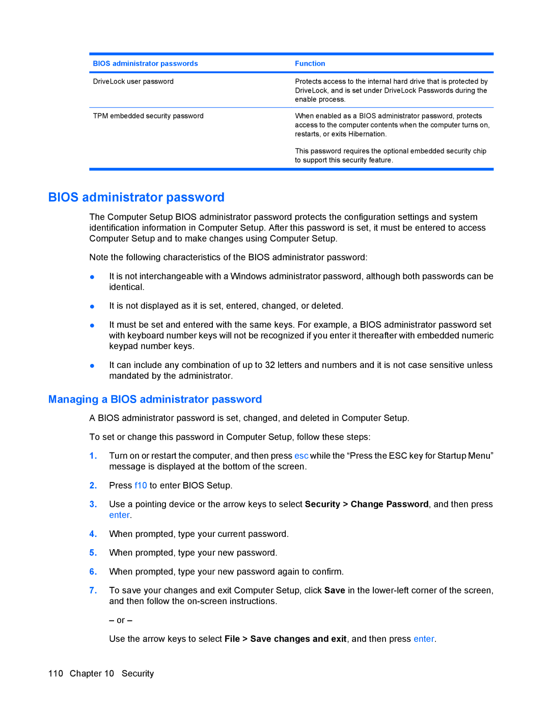 HP 8440P manual Managing a Bios administrator password 