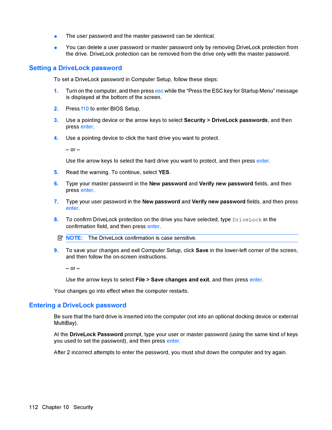 HP 8440P manual Setting a DriveLock password, Entering a DriveLock password 