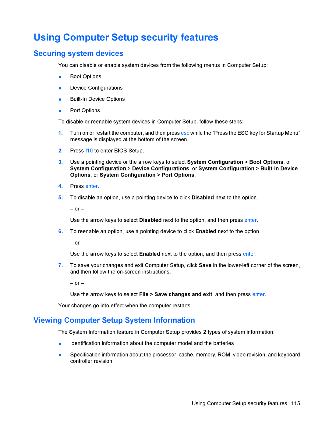 HP 8440P manual Using Computer Setup security features, Securing system devices, Viewing Computer Setup System Information 