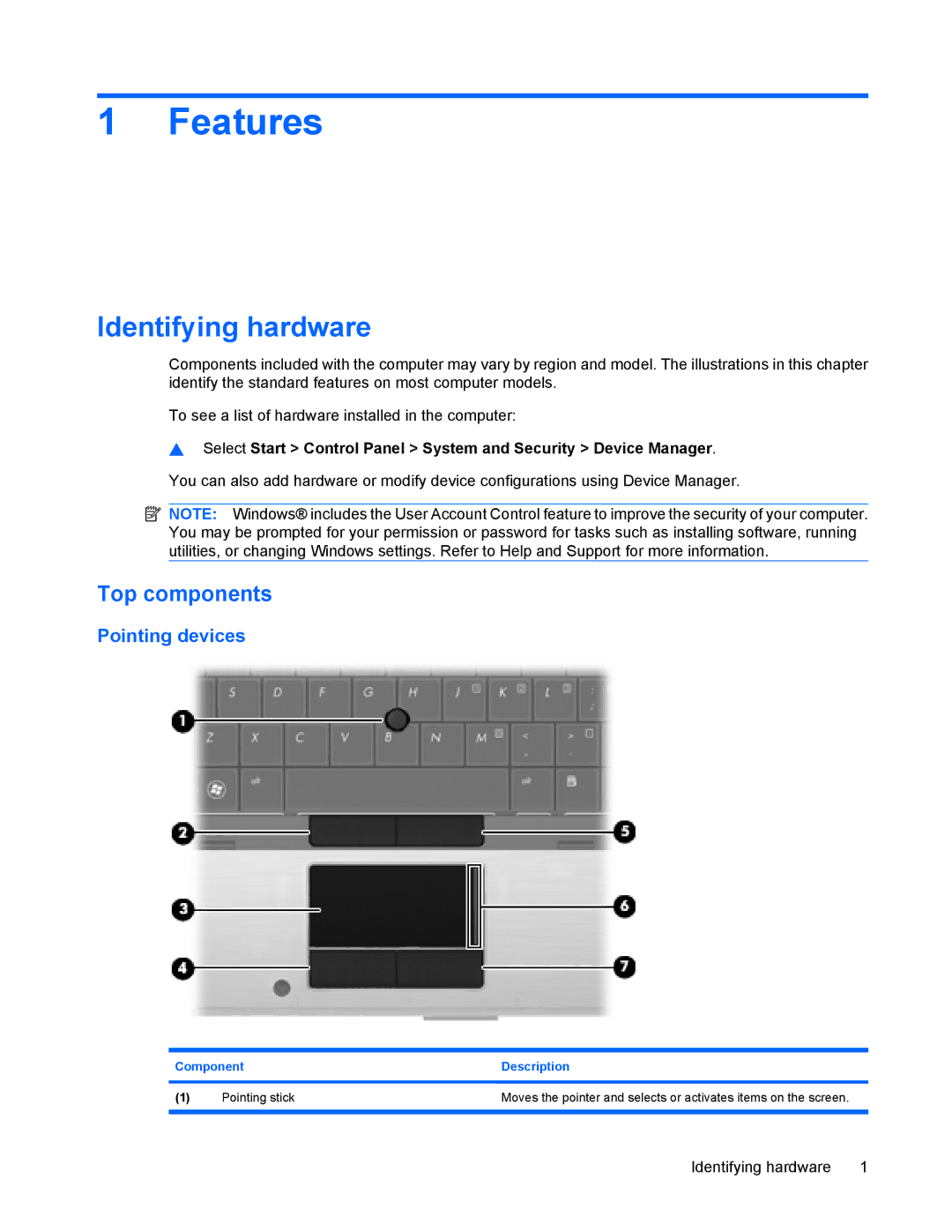 HP 8440P manual Features, Identifying hardware, Top components, Pointing devices 