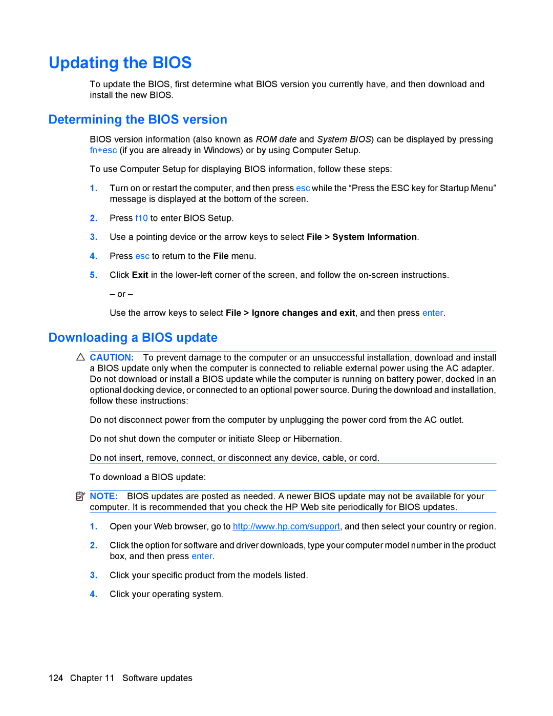 HP 8440P manual Updating the Bios, Determining the Bios version, Downloading a Bios update 