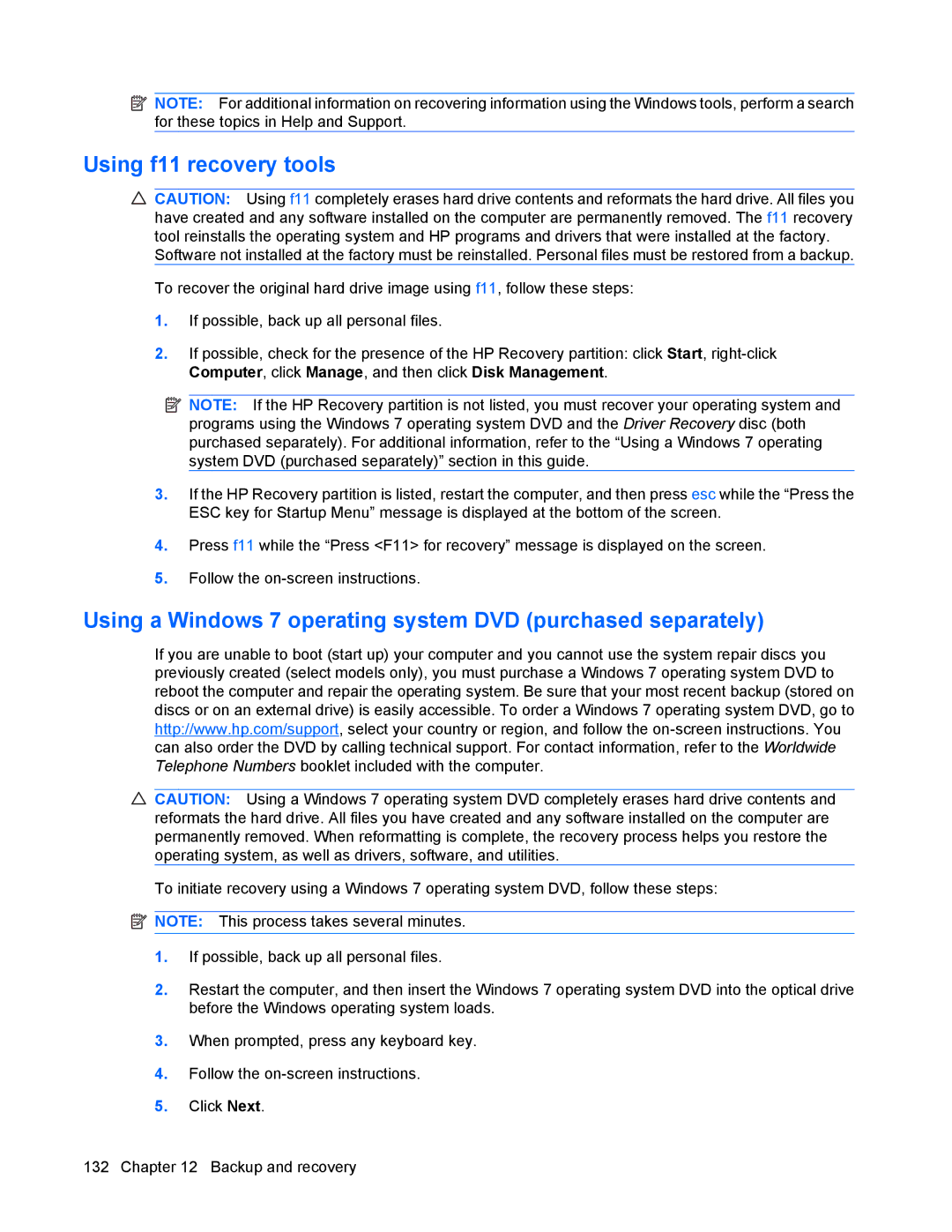 HP 8440P manual Using f11 recovery tools, Using a Windows 7 operating system DVD purchased separately 