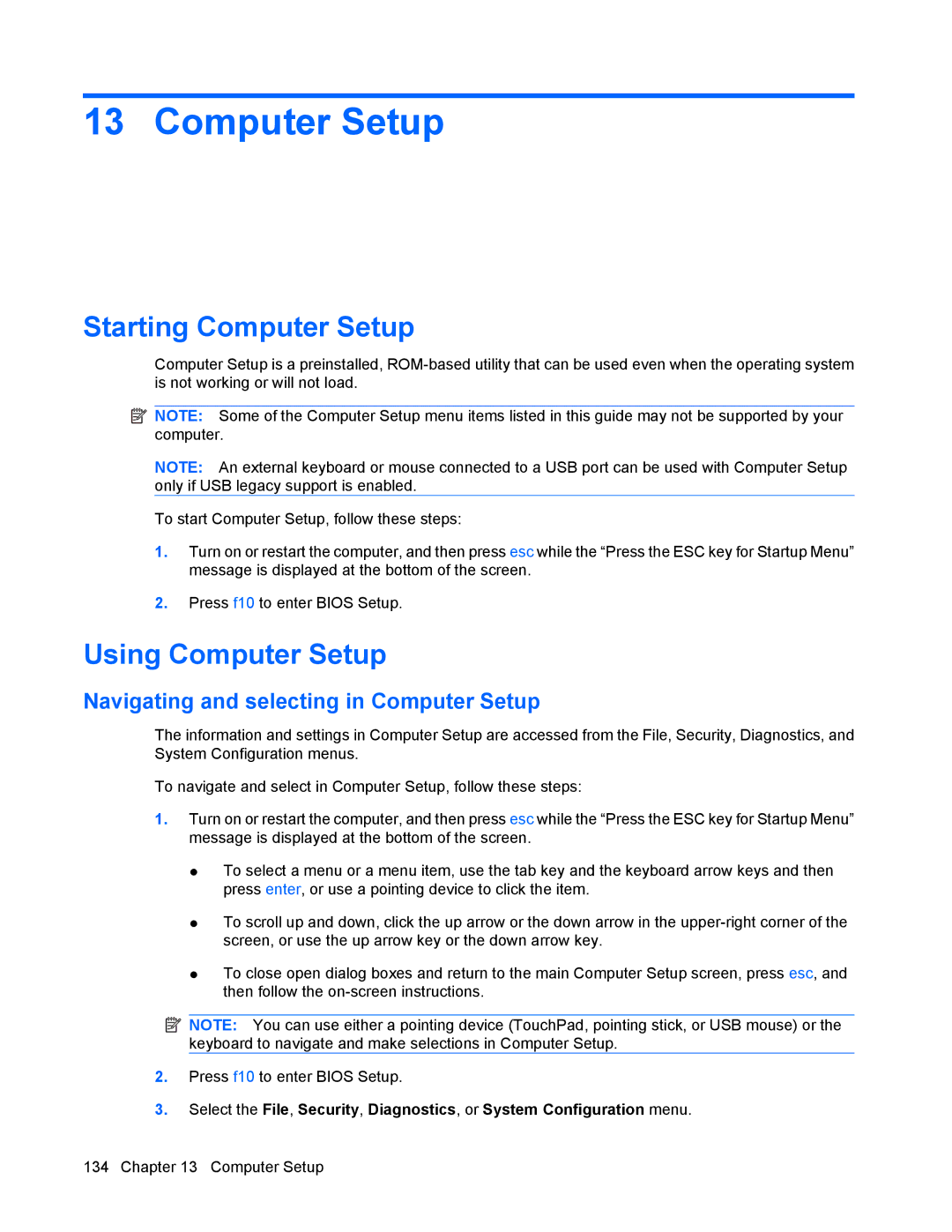 HP 8440P manual Starting Computer Setup, Using Computer Setup, Navigating and selecting in Computer Setup 