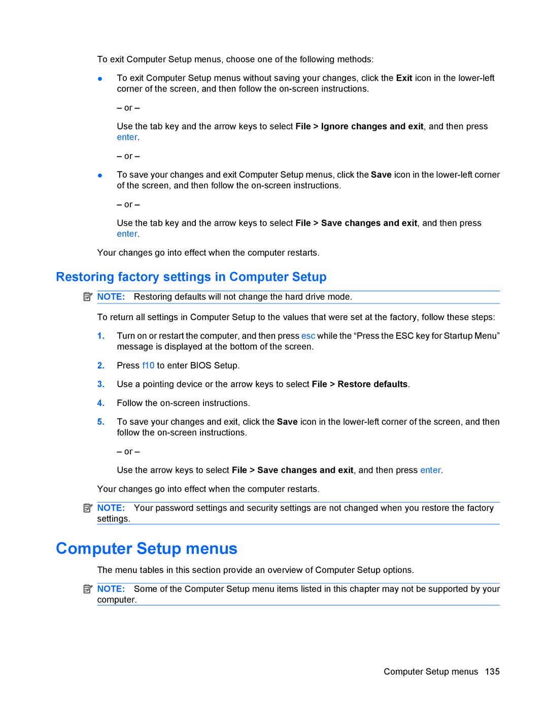 HP 8440P manual Computer Setup menus, Restoring factory settings in Computer Setup 