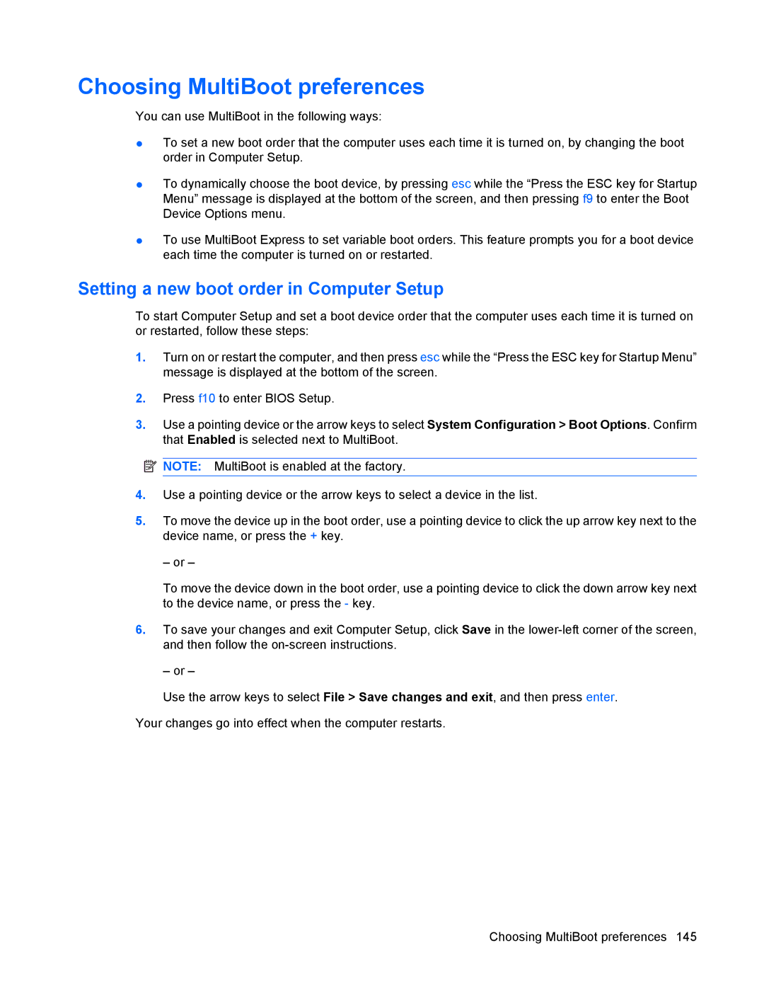HP 8440P manual Choosing MultiBoot preferences, Setting a new boot order in Computer Setup 