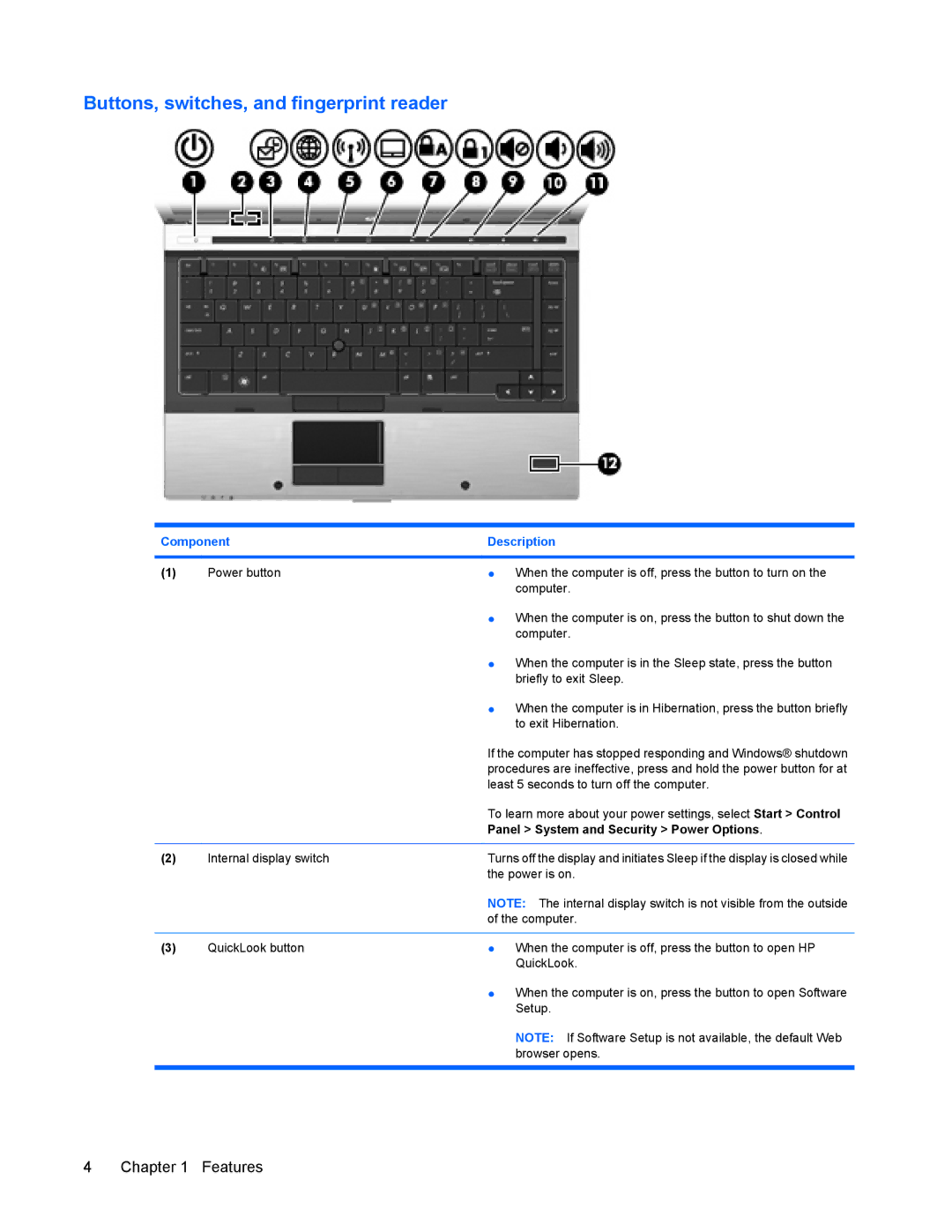 HP 8440P manual Buttons, switches, and fingerprint reader, Panel System and Security Power Options 