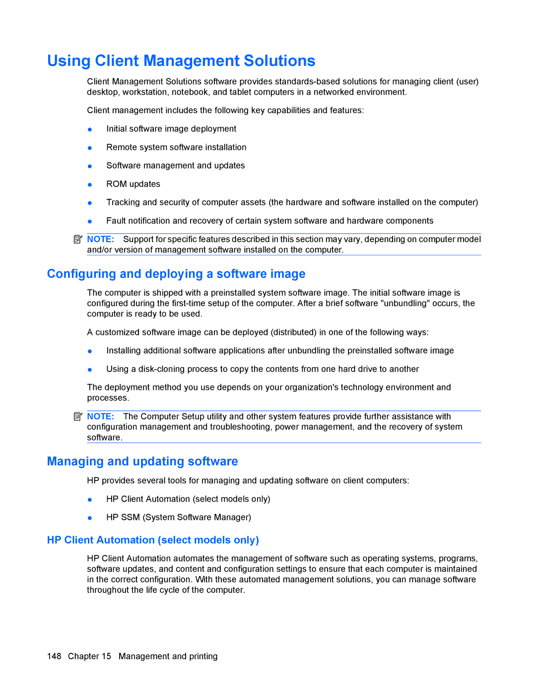 HP 8440P Using Client Management Solutions, Configuring and deploying a software image, Managing and updating software 
