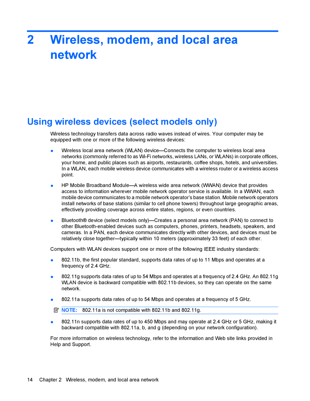 HP 8440P manual Wireless, modem, and local area network, Using wireless devices select models only 