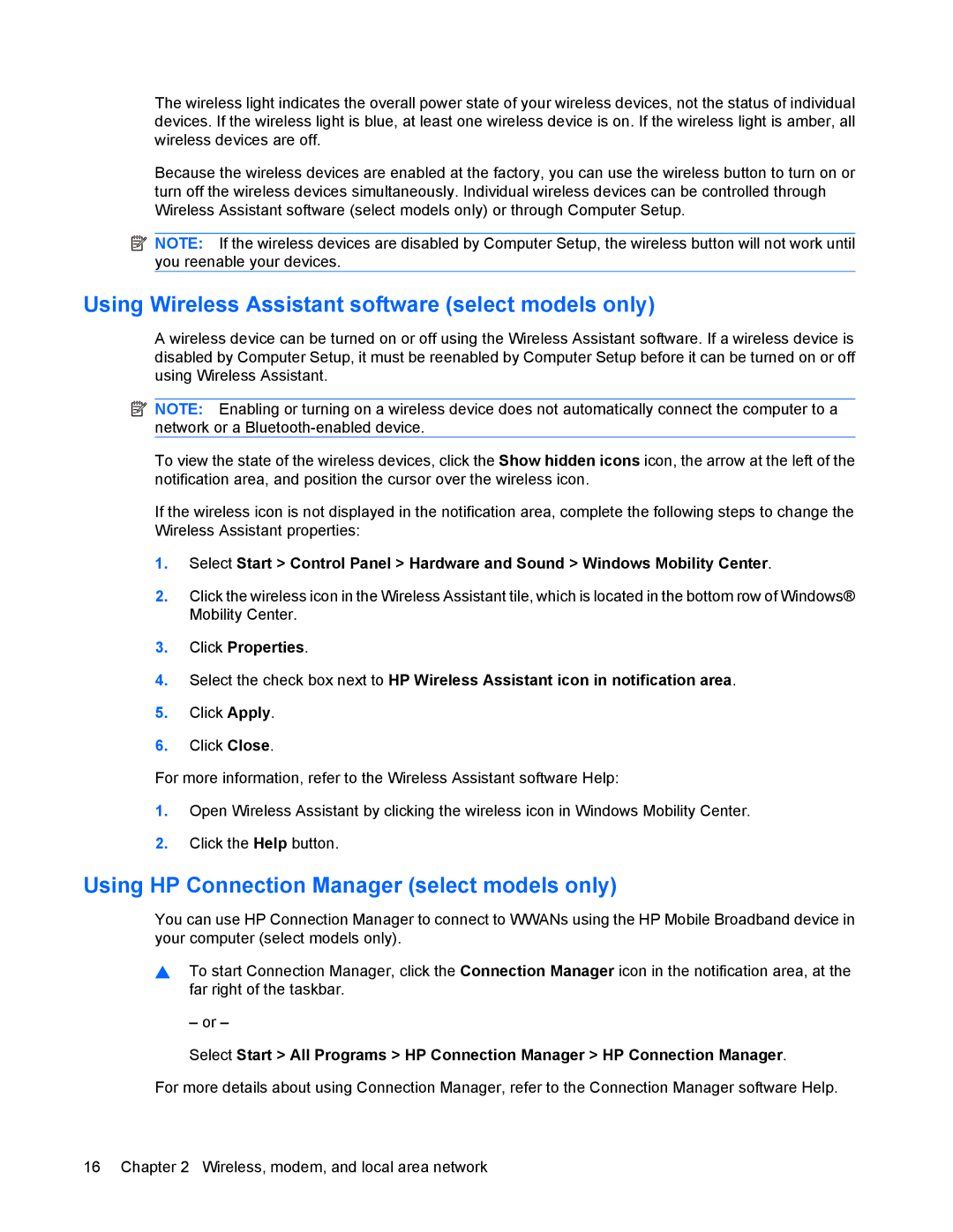 HP 8440P manual Using Wireless Assistant software select models only, Using HP Connection Manager select models only 