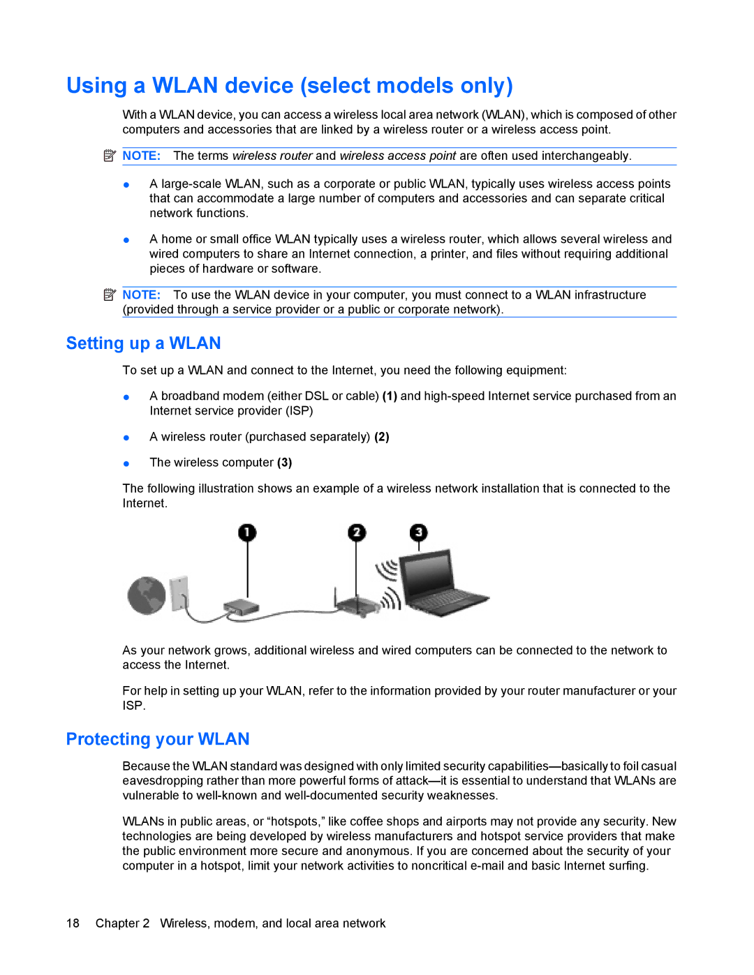 HP 8440P manual Using a Wlan device select models only, Setting up a Wlan, Protecting your Wlan 