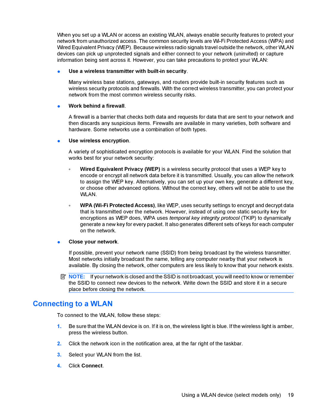 HP 8440P manual Connecting to a Wlan, Use a wireless transmitter with built-in security 