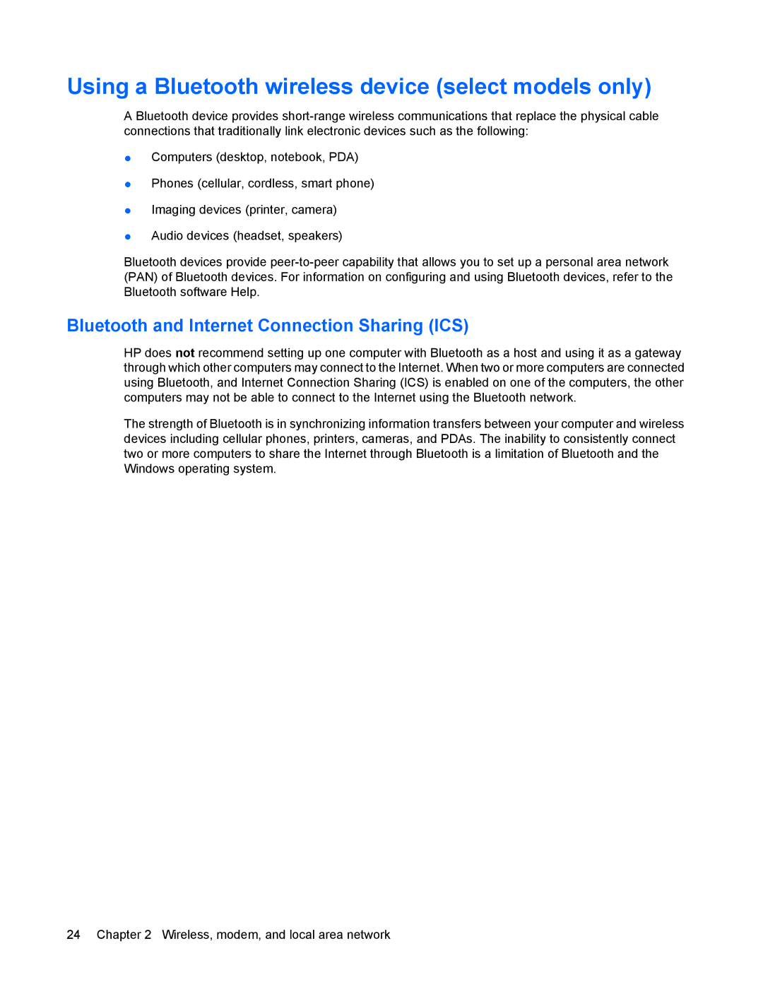 HP 8440P manual Using a Bluetooth wireless device select models only, Bluetooth and Internet Connection Sharing ICS 