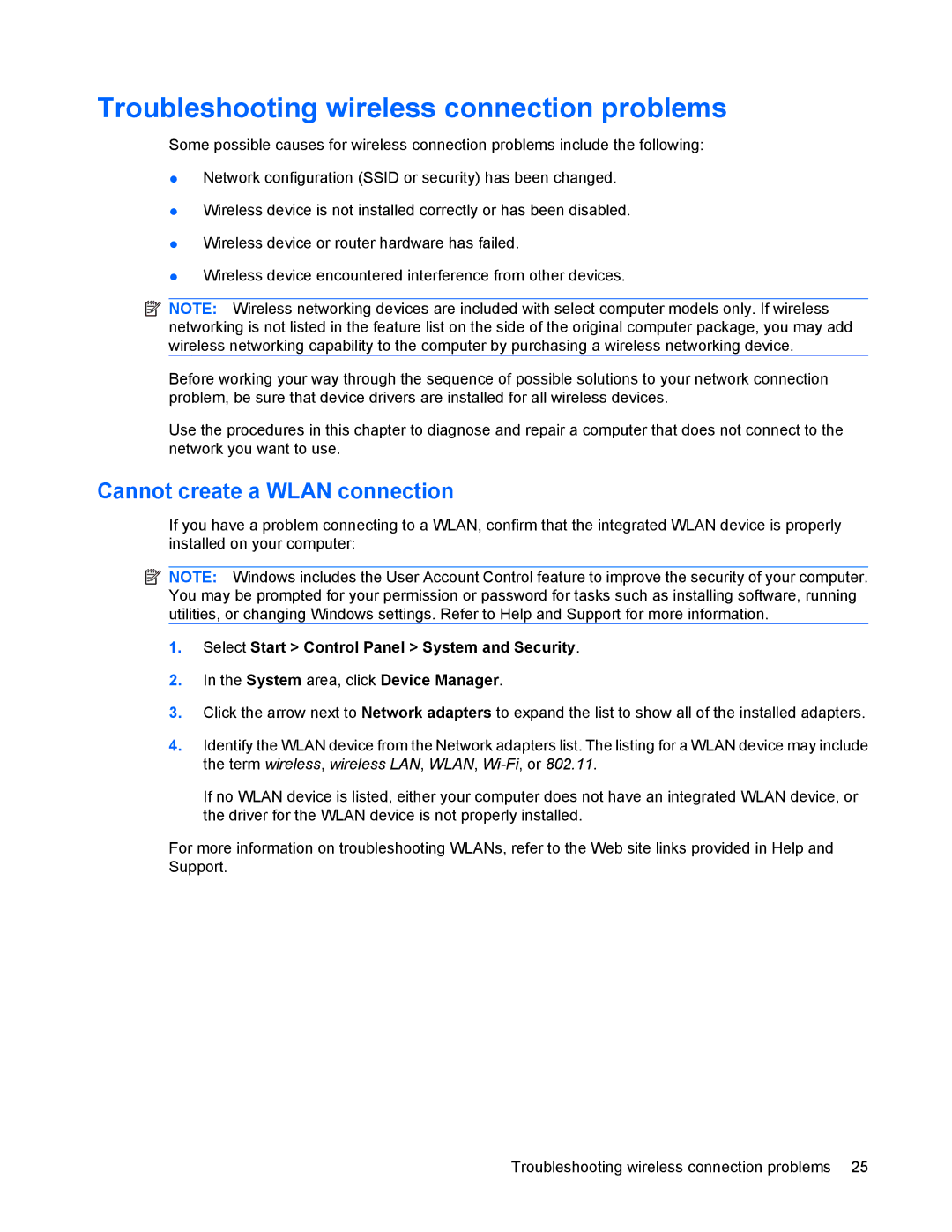 HP 8440P manual Troubleshooting wireless connection problems, Cannot create a Wlan connection 