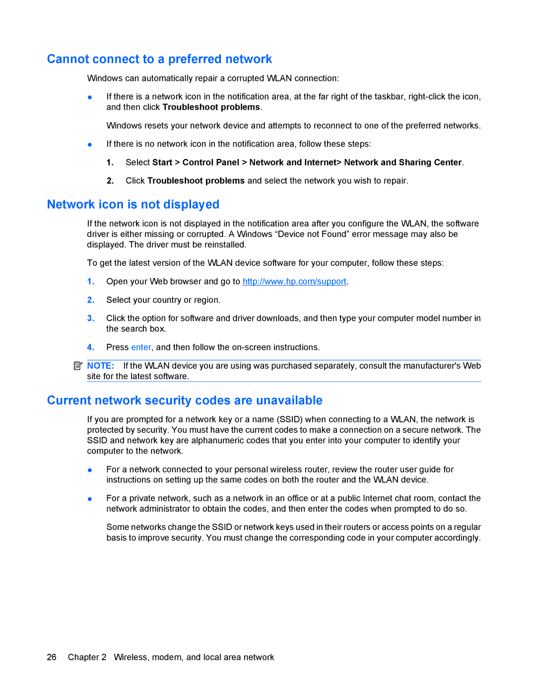 HP 8440P manual Cannot connect to a preferred network, Network icon is not displayed 