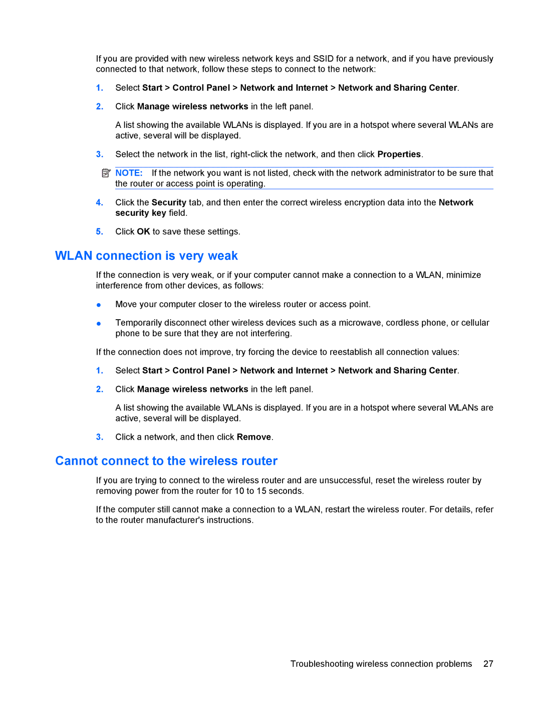 HP 8440P manual Wlan connection is very weak, Cannot connect to the wireless router 