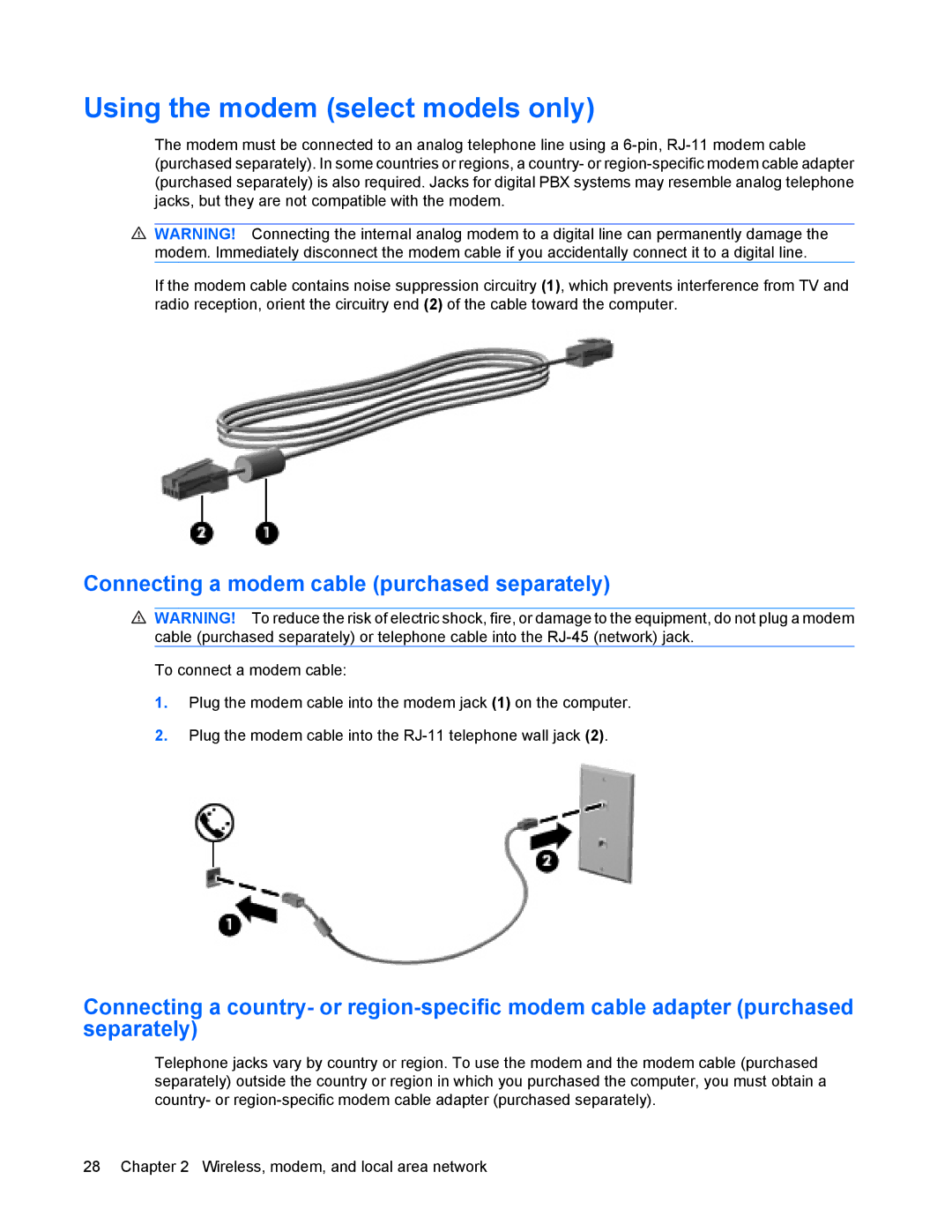 HP 8440P manual Using the modem select models only, Connecting a modem cable purchased separately 