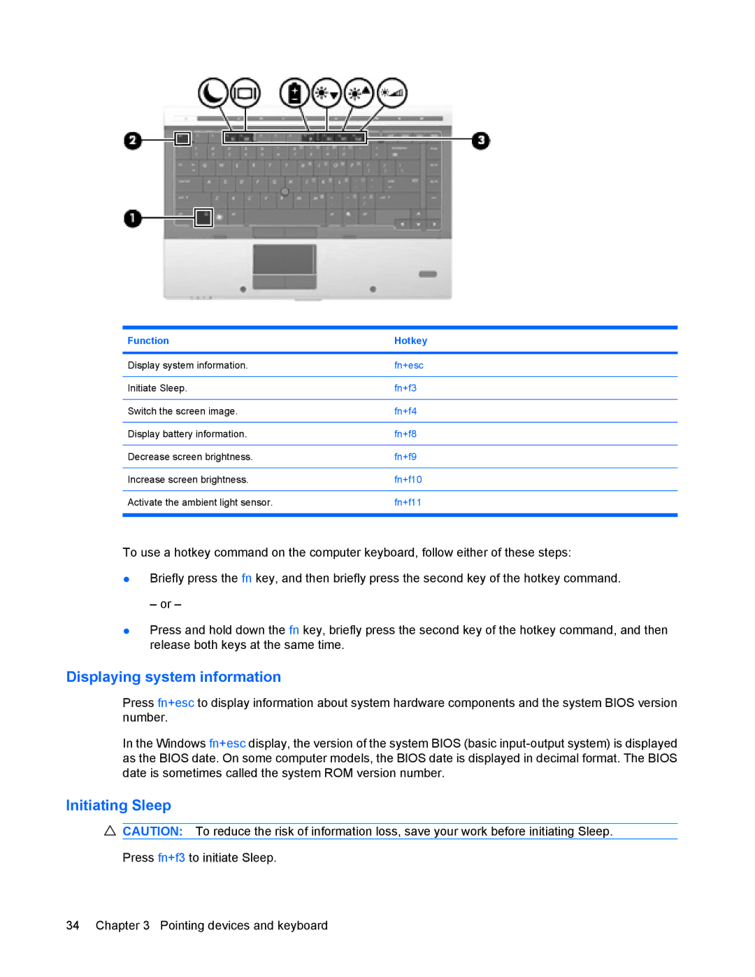 HP 8440P manual Displaying system information, Initiating Sleep 