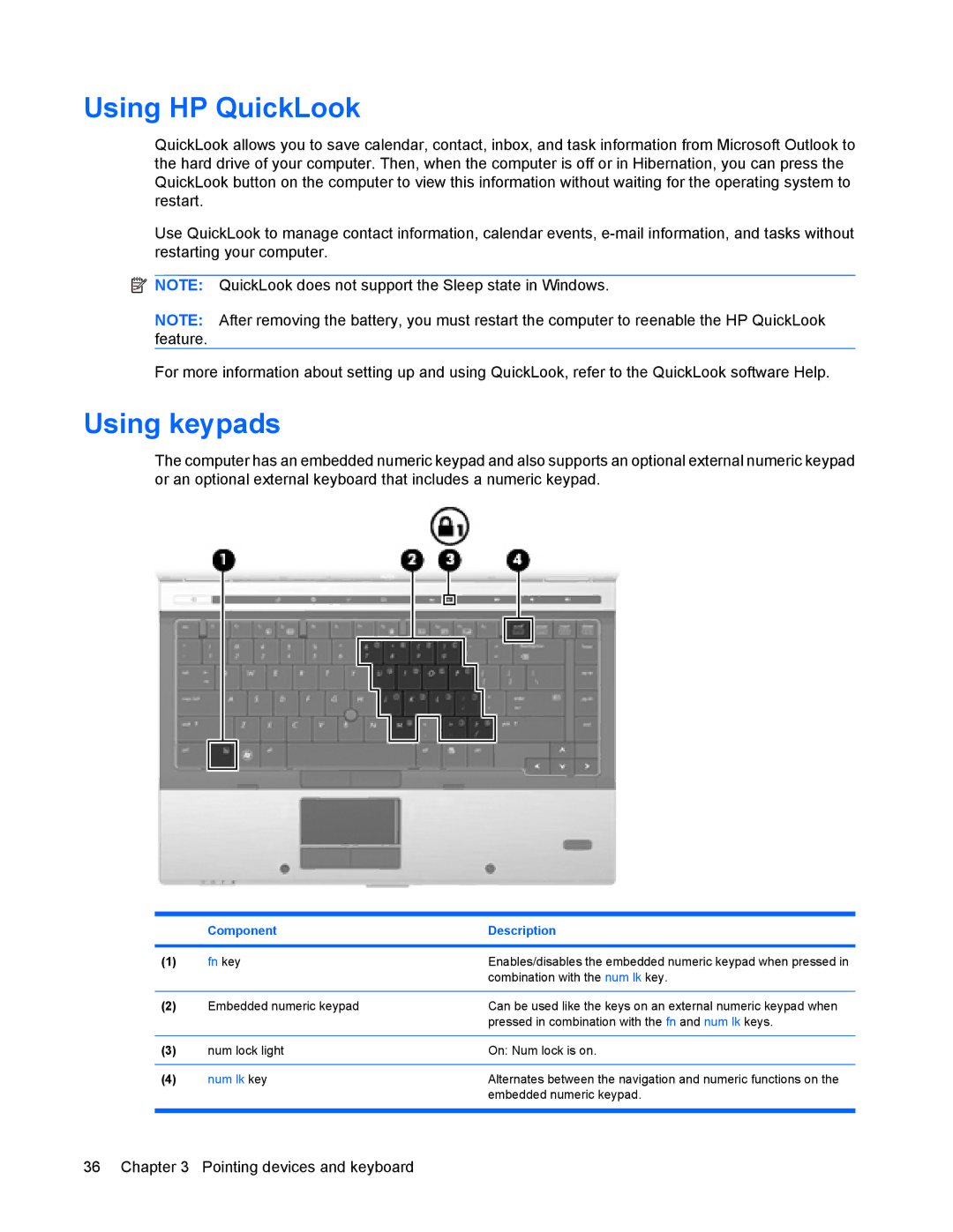 HP 8440P manual Using HP QuickLook, Using keypads 