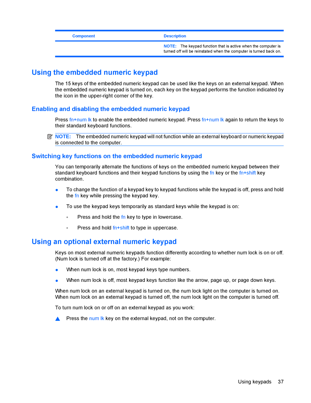 HP 8440P manual Using the embedded numeric keypad, Using an optional external numeric keypad 