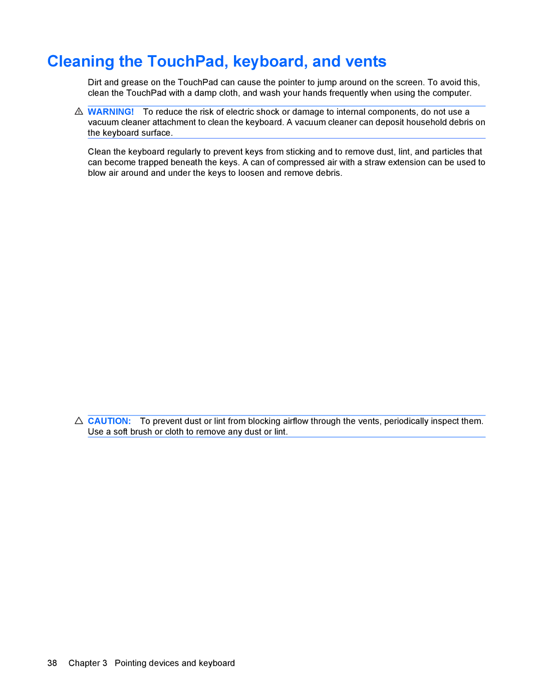 HP 8440P manual Cleaning the TouchPad, keyboard, and vents 