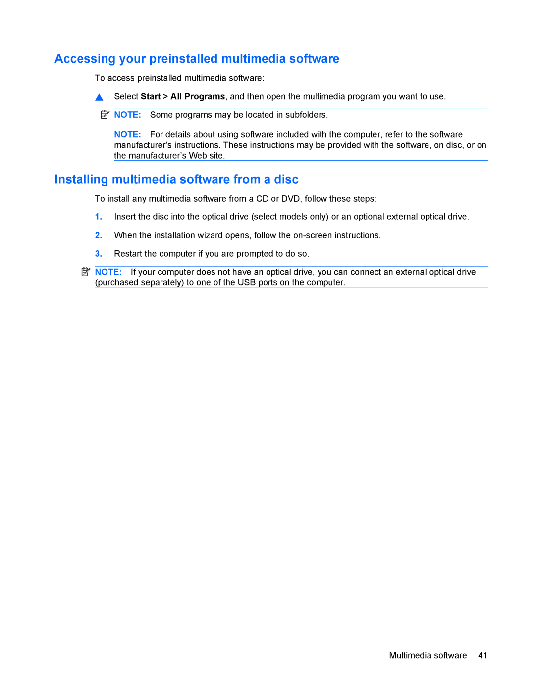 HP 8440P manual Accessing your preinstalled multimedia software, Installing multimedia software from a disc 