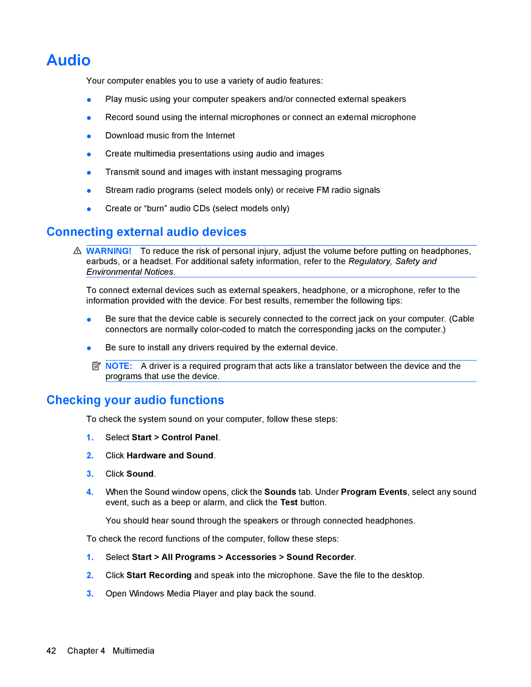HP 8440P manual Audio, Connecting external audio devices, Checking your audio functions 