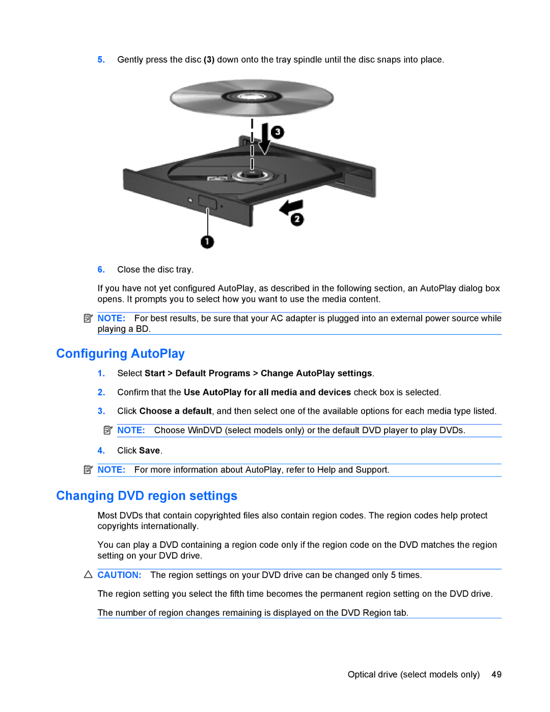 HP 8440P manual Configuring AutoPlay, Changing DVD region settings 