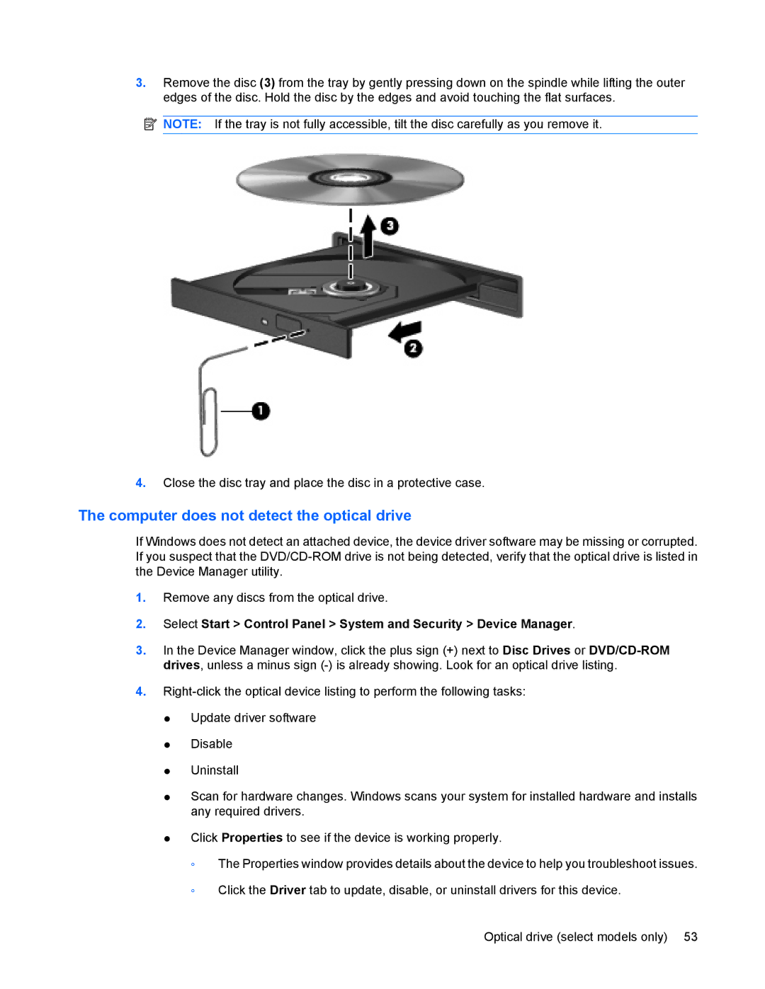 HP 8440P manual Computer does not detect the optical drive 