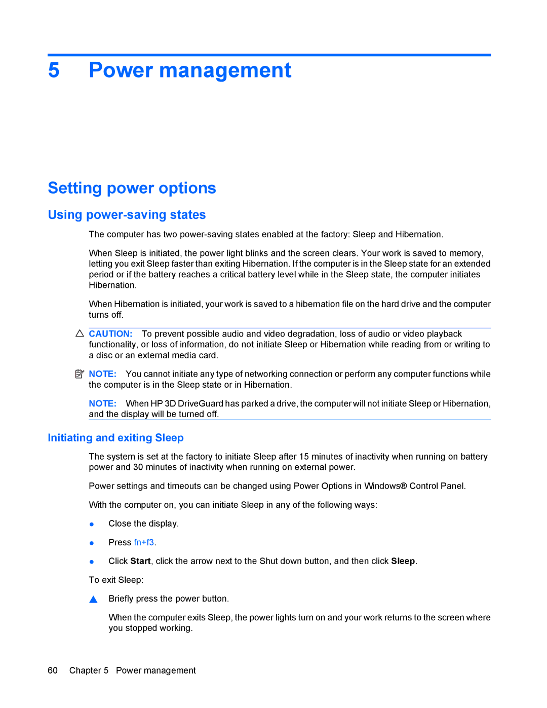 HP 8440P manual Power management, Setting power options, Using power-saving states, Initiating and exiting Sleep 