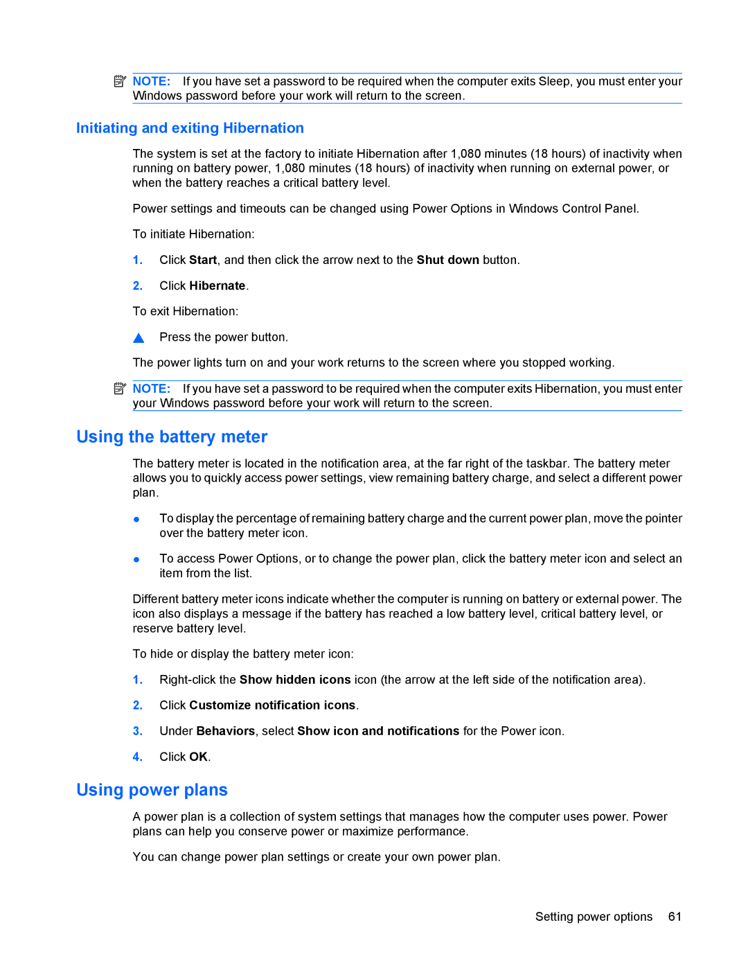 HP 8440P manual Using the battery meter, Using power plans, Initiating and exiting Hibernation 