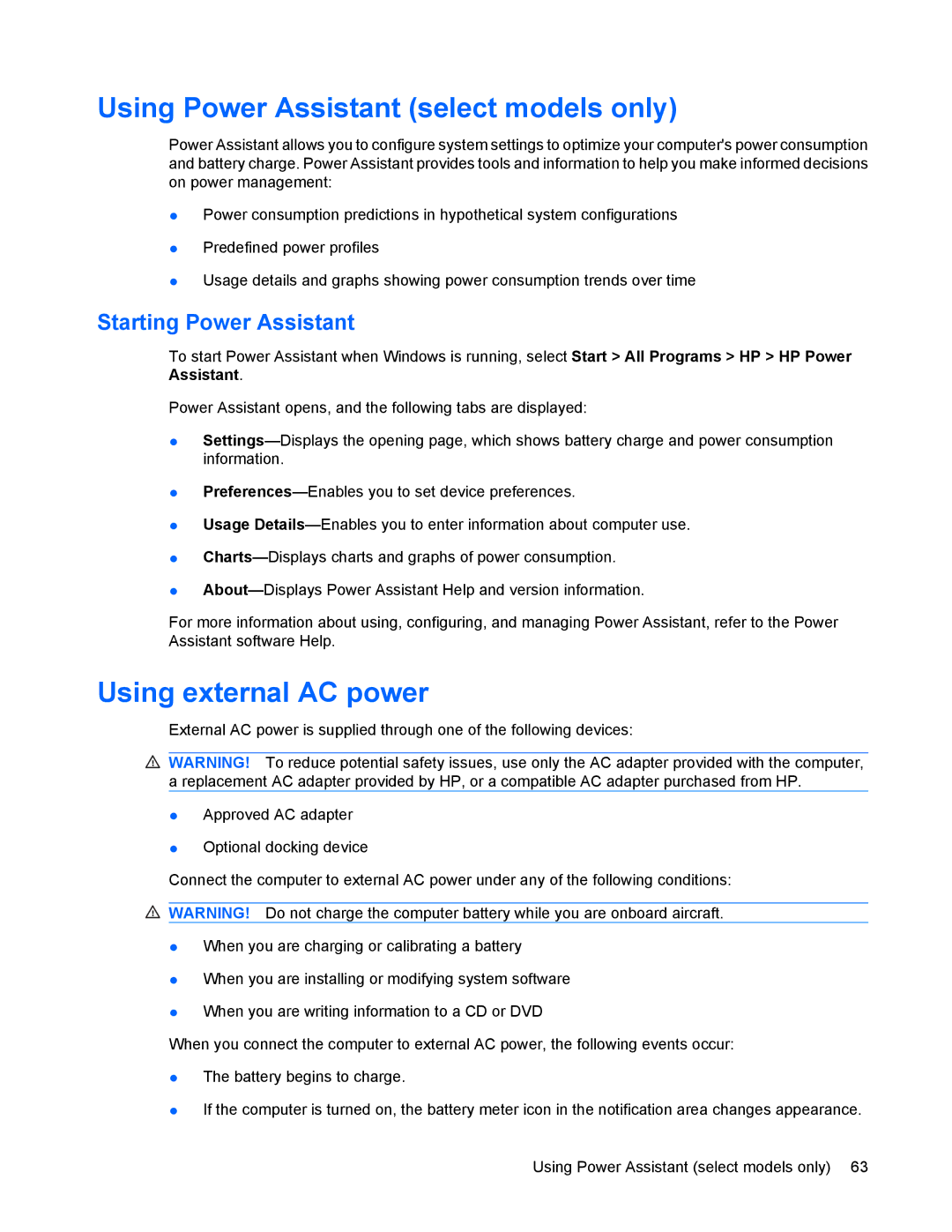 HP 8440P manual Using Power Assistant select models only, Using external AC power, Starting Power Assistant 