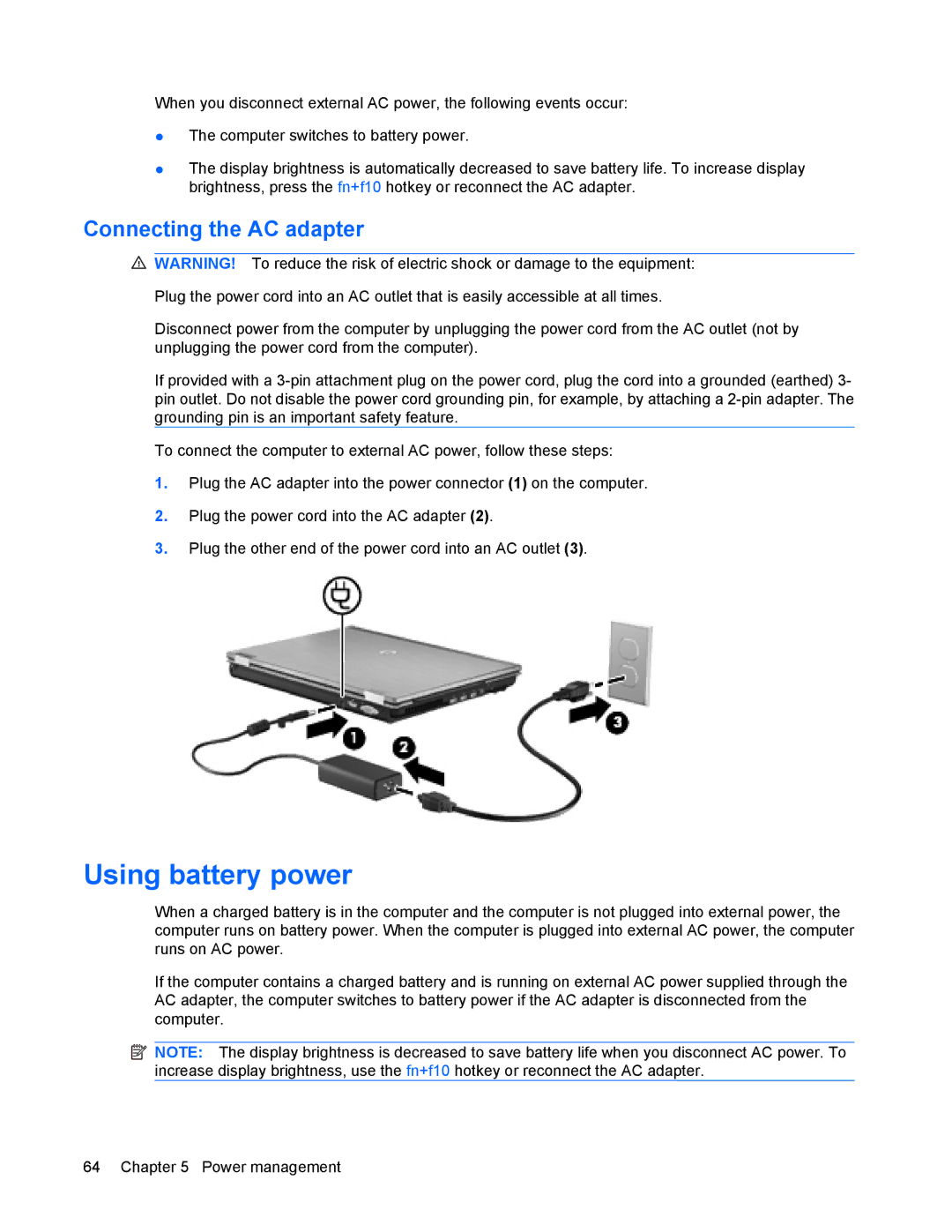 HP 8440P manual Using battery power, Connecting the AC adapter 