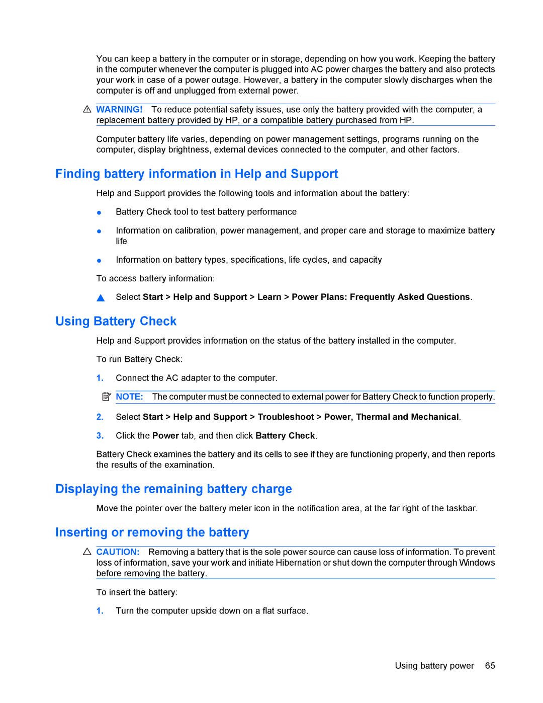 HP 8440P Finding battery information in Help and Support, Using Battery Check, Displaying the remaining battery charge 