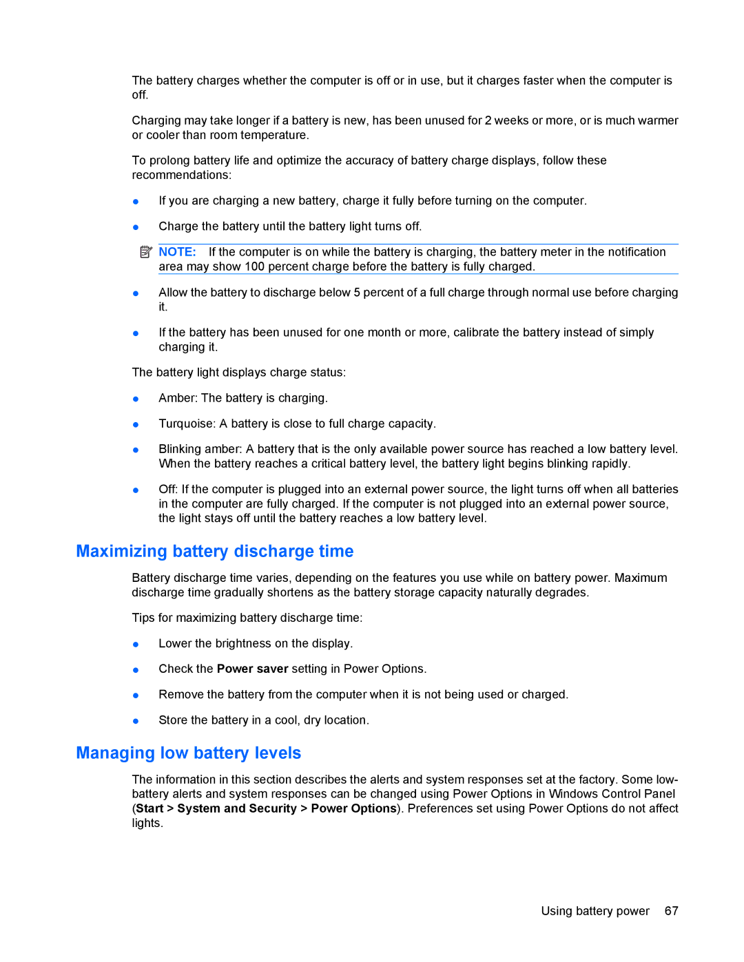 HP 8440P manual Maximizing battery discharge time, Managing low battery levels 