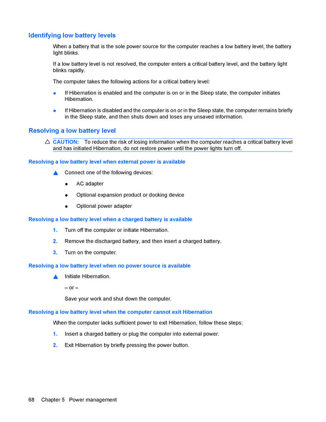 HP 8440P manual Identifying low battery levels, Resolving a low battery level 