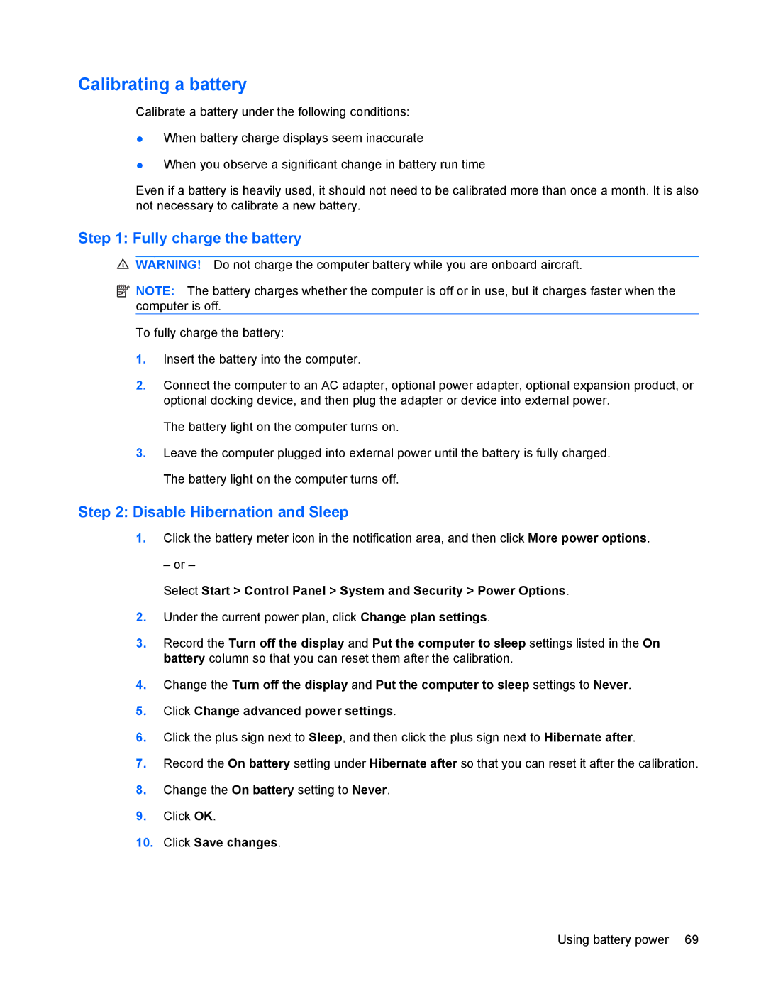 HP 8440P manual Calibrating a battery, Fully charge the battery, Disable Hibernation and Sleep 