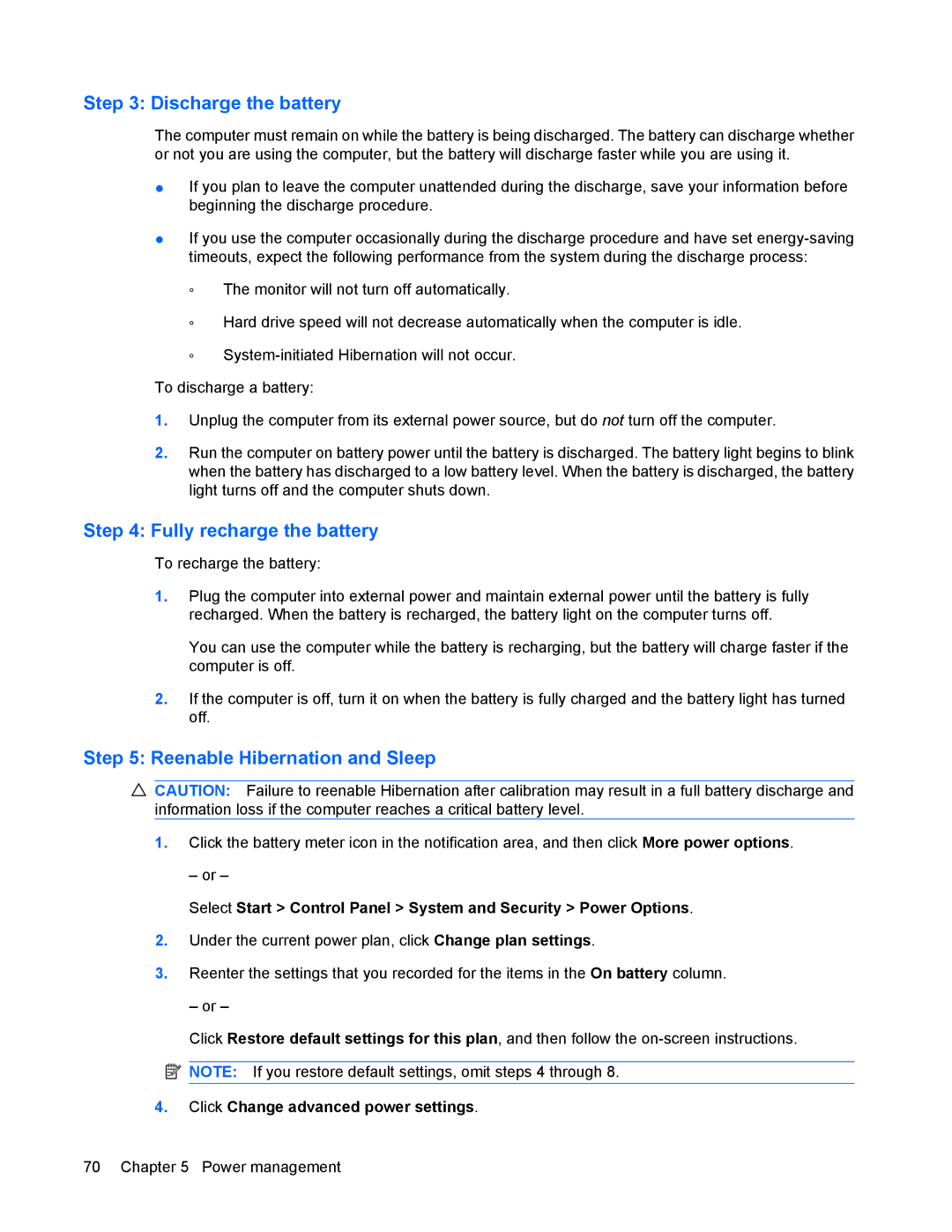 HP 8440P manual Discharge the battery, Fully recharge the battery, Reenable Hibernation and Sleep 