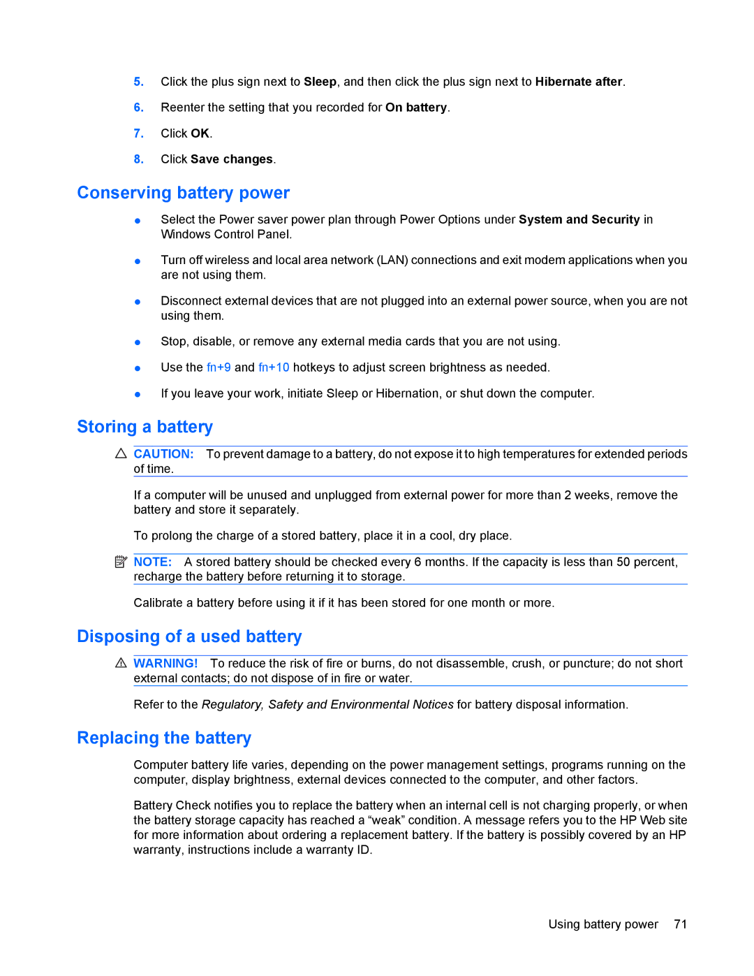 HP 8440P manual Conserving battery power, Storing a battery, Disposing of a used battery, Replacing the battery 