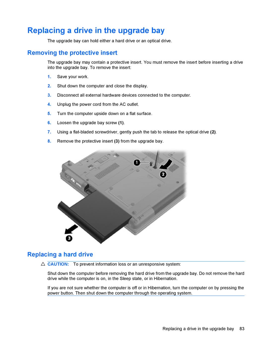 HP 8440P manual Replacing a drive in the upgrade bay, Removing the protective insert, Replacing a hard drive 