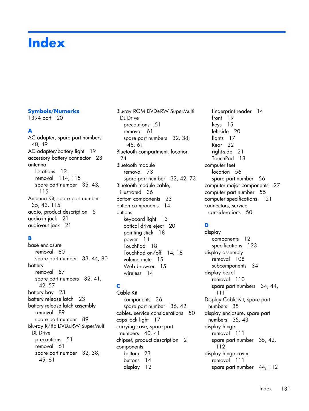 HP 14 C7A68UT#ABA, 8470w C7A68UTABA, 8470p C7M31UP 14.0 C7M31UP#ABA manual Index, Symbols/Numerics 1394 port 