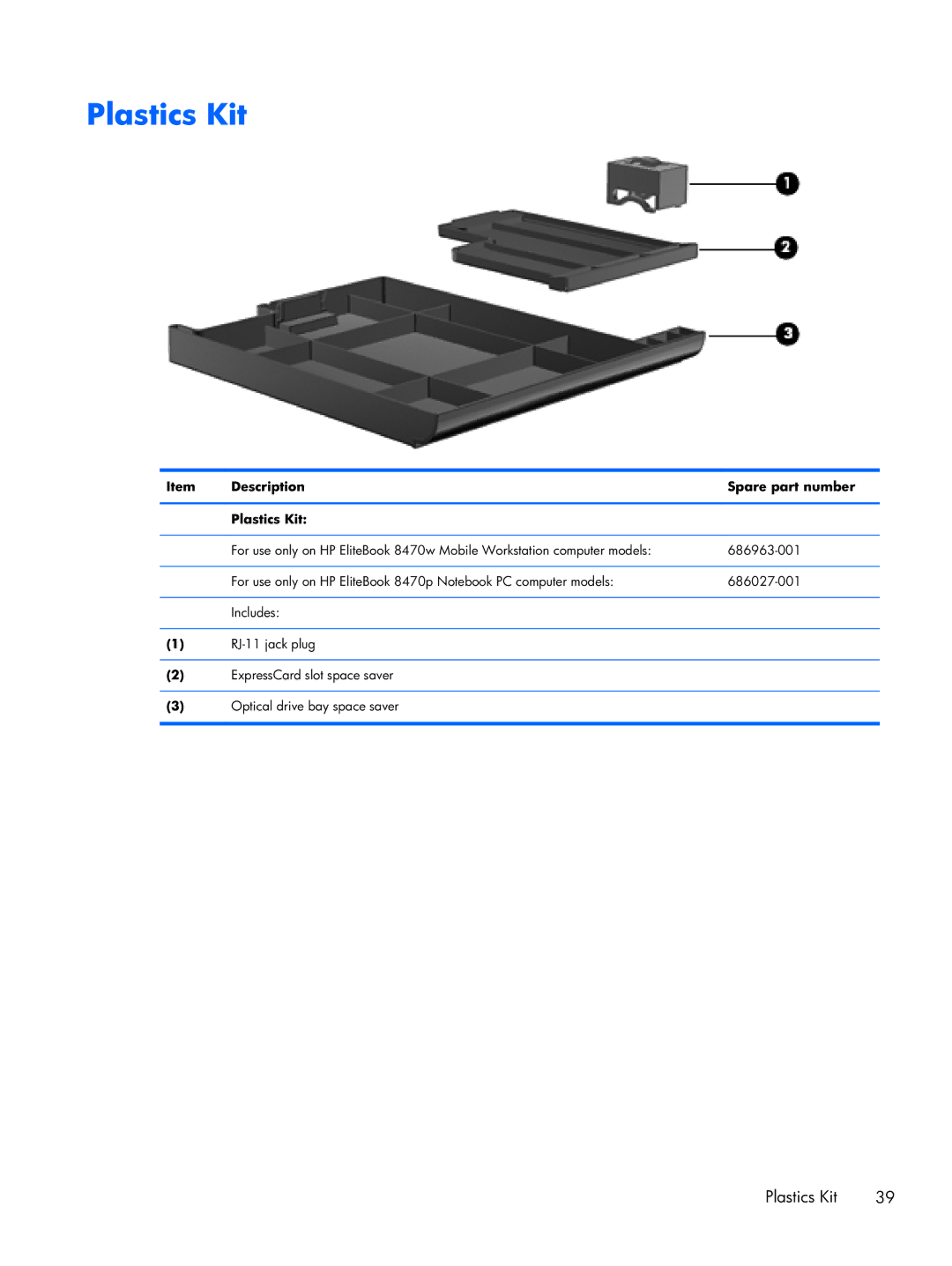 HP 8470p C7M31UP 14.0 C7M31UP#ABA, 8470w C7A68UTABA, 14 C7A68UT#ABA manual Description Spare part number Plastics Kit 