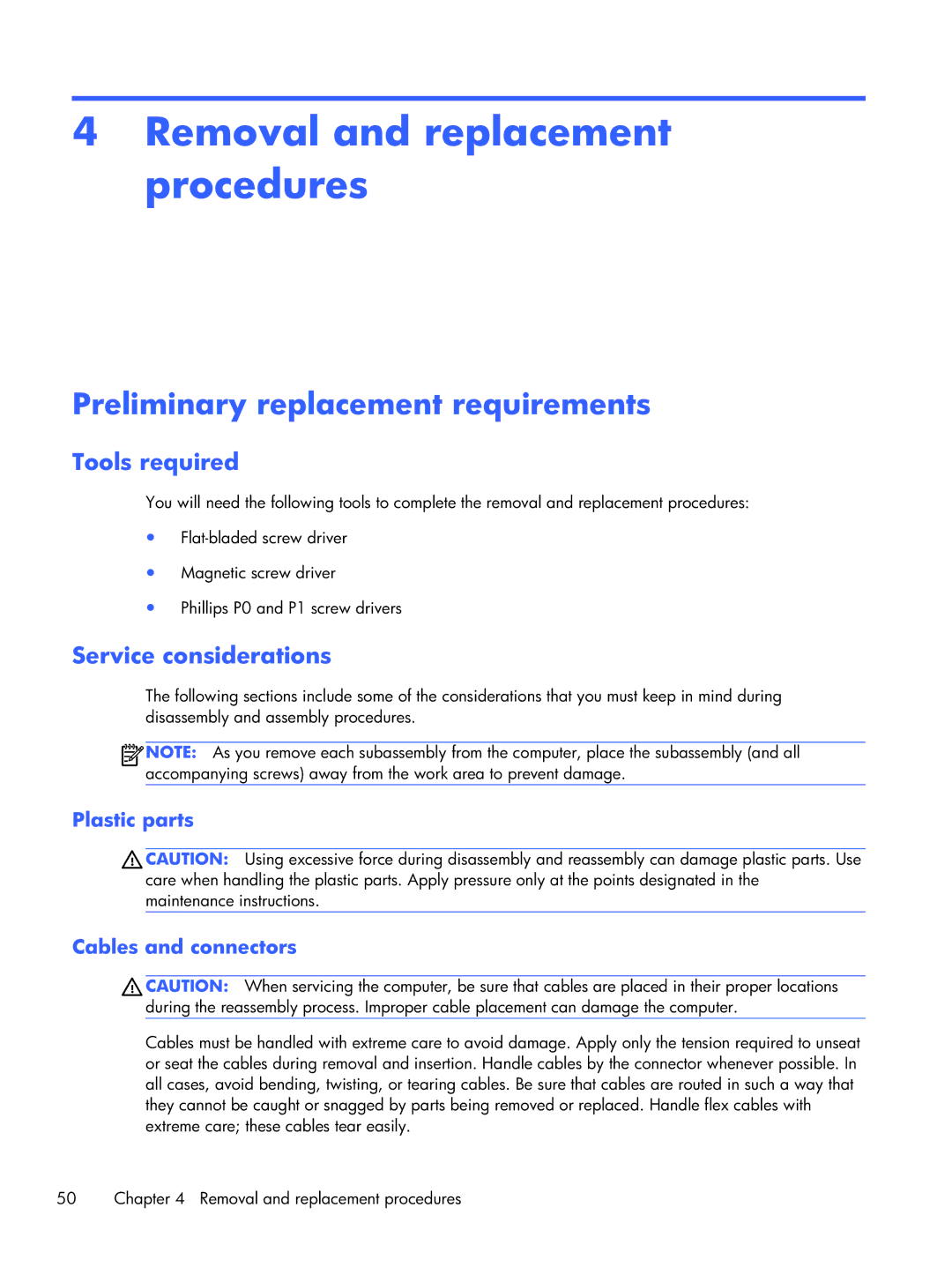 HP 14 C7A68UT#ABA manual Removal and replacement procedures, Preliminary replacement requirements, Tools required 