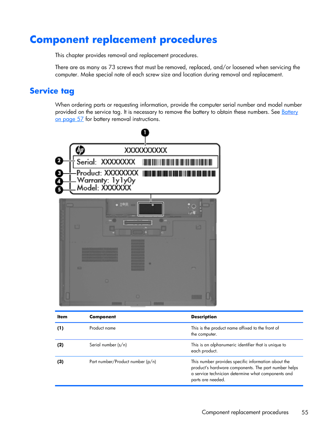 HP 8470w C7A68UTABA, 14 C7A68UT#ABA, 8470p C7M31UP 14.0 C7M31UP#ABA manual Component replacement procedures, Service tag 