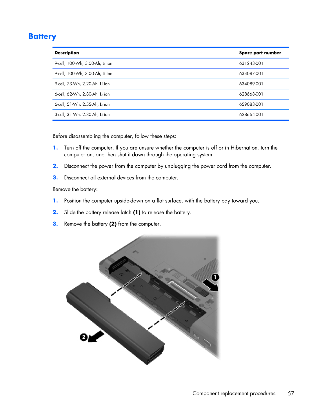 HP 8470p C7M31UP 14.0 C7M31UP#ABA, 8470w C7A68UTABA, 14 C7A68UT#ABA manual Battery, Description Spare part number 