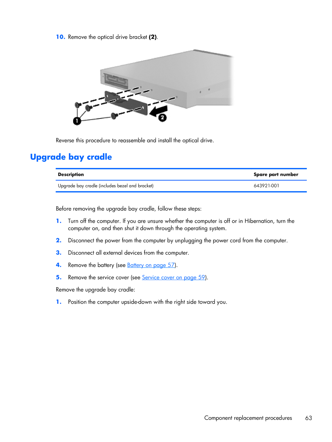 HP 8470p C7M31UP 14.0 C7M31UP#ABA, 8470w C7A68UTABA, 14 C7A68UT#ABA manual Upgrade bay cradle 