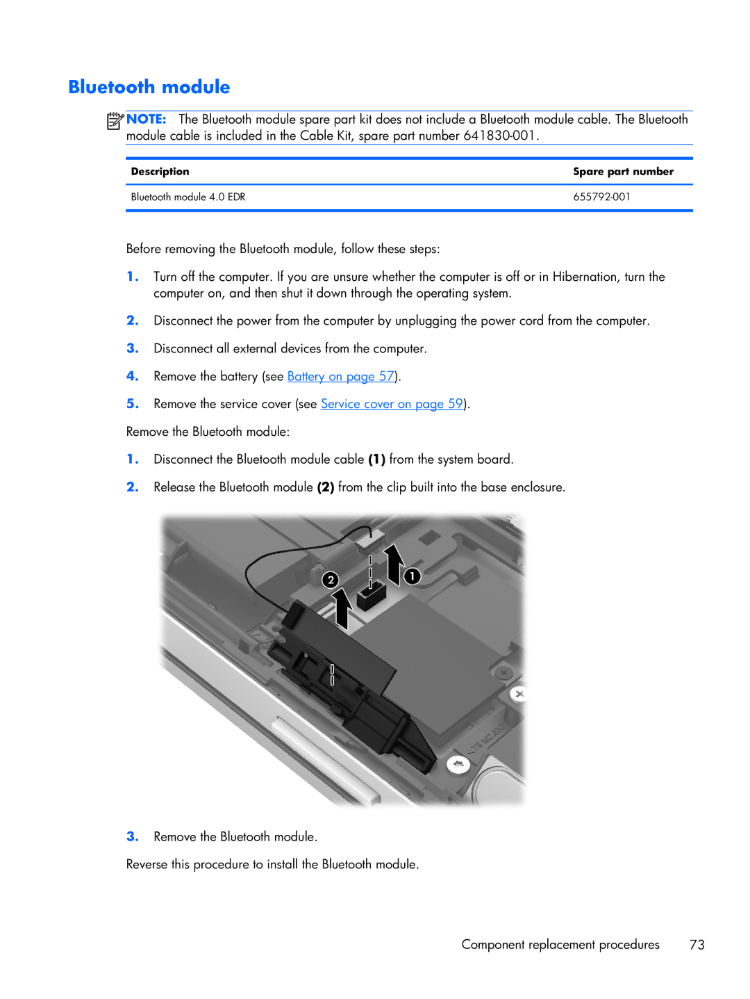 HP 8470w C7A68UTABA, 14 C7A68UT#ABA, 8470p C7M31UP 14.0 C7M31UP#ABA manual Bluetooth module 